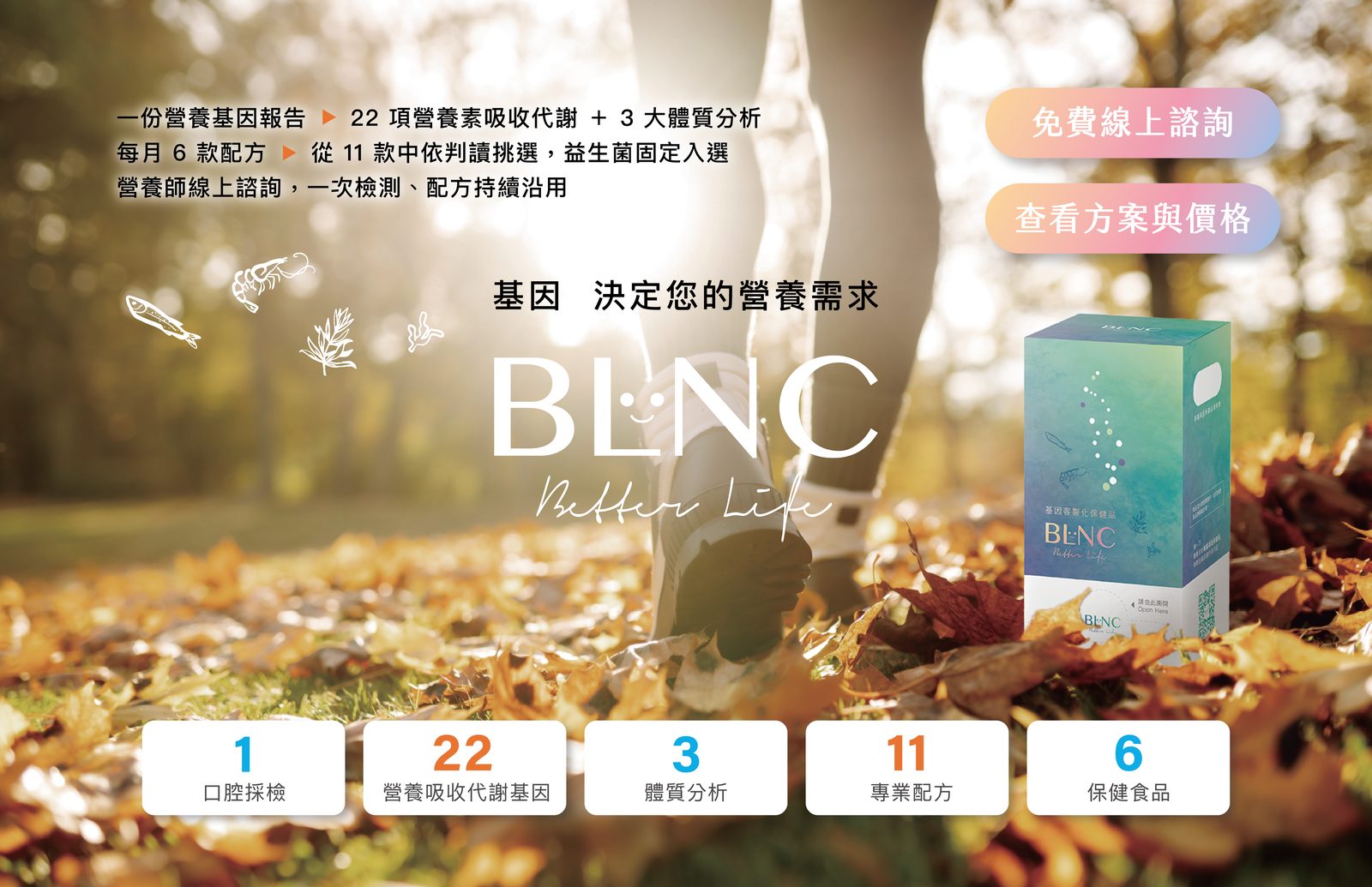BLNC 基因客製化保健食品:一份營養基因報告(22 項營養素吸收代謝+3 大體質分析),每月 6 款配方從 11 款中依判讀挑選、益生菌固定入選,營養師線上諮詢,一次檢測、配方持續沿用。1 次口腔採檢、22 項營養吸收代謝基因、3 大體質分析、11 款專業配方、6 款保健食品。